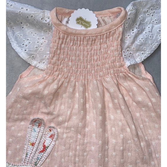 Mud Pie 3-6m NWT pink Easter bunny Rabbit Dress smocked eyelet applique - Picture 3 of 4